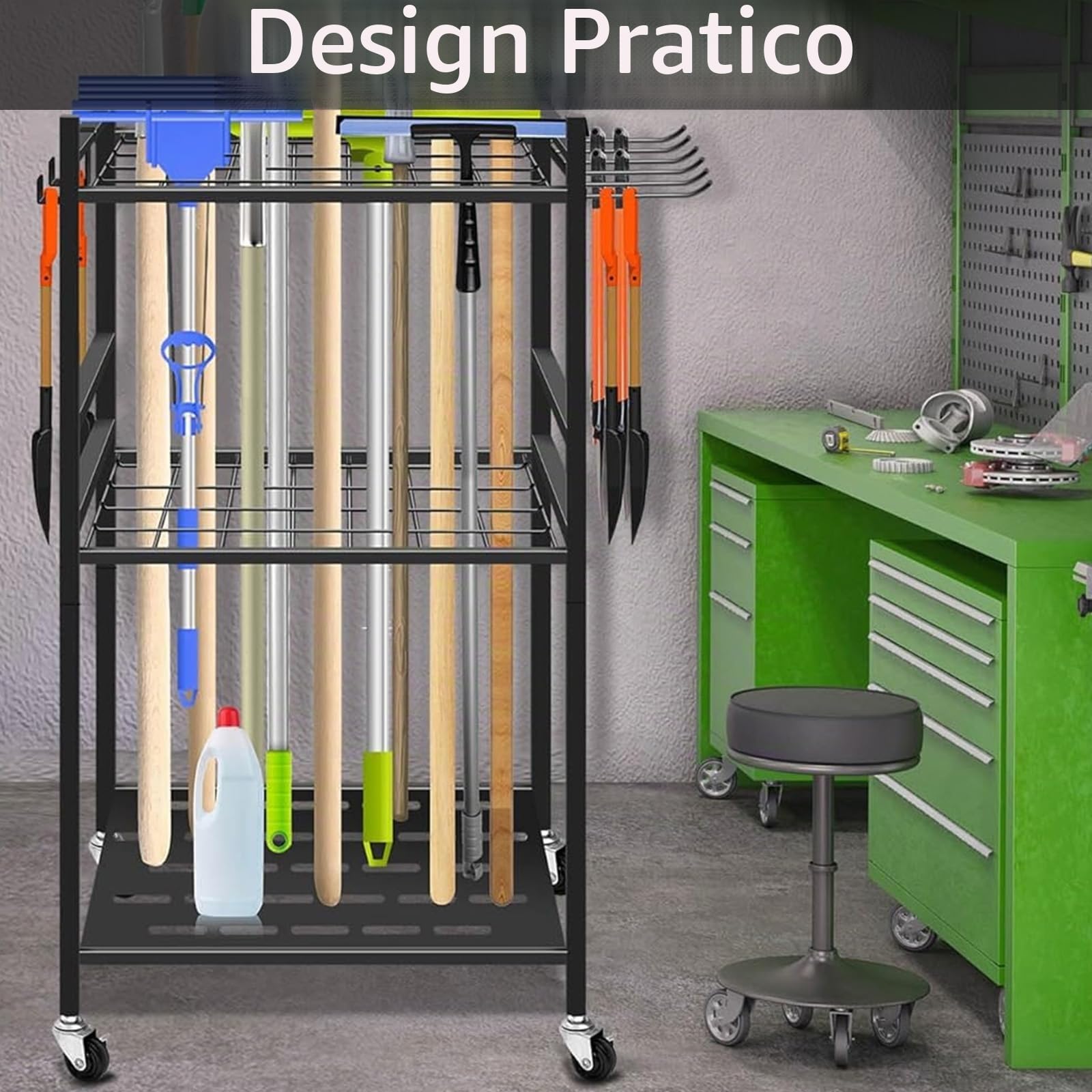 Porta Attrezzi, Porta Attrezzi da Giardino con Ruota Universale 43 x 30 x 81,3 cm Porta Scope Nero con 6 Ganci Laterali Lunghi e 3 Ganci Portaoggetti per Garage Giardini Capannoni