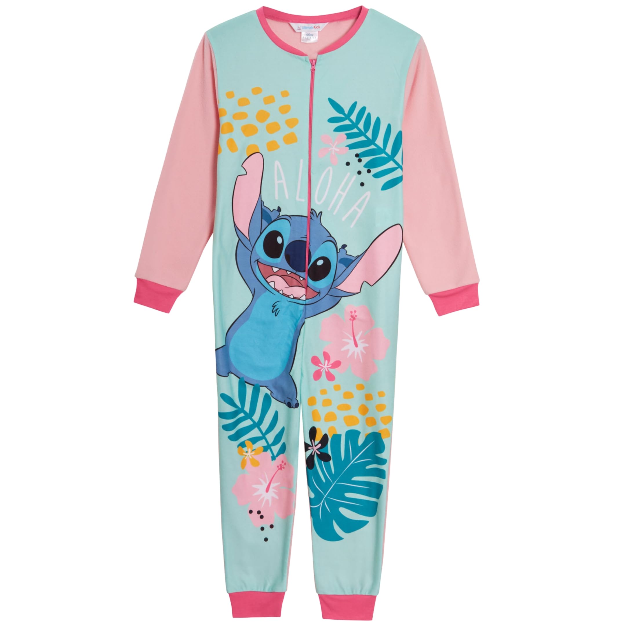 Disney Stitch Onesie for Girls Fleece Pyjamas All in One Kids Pjs Zipped Loungewear Nightwear Pink