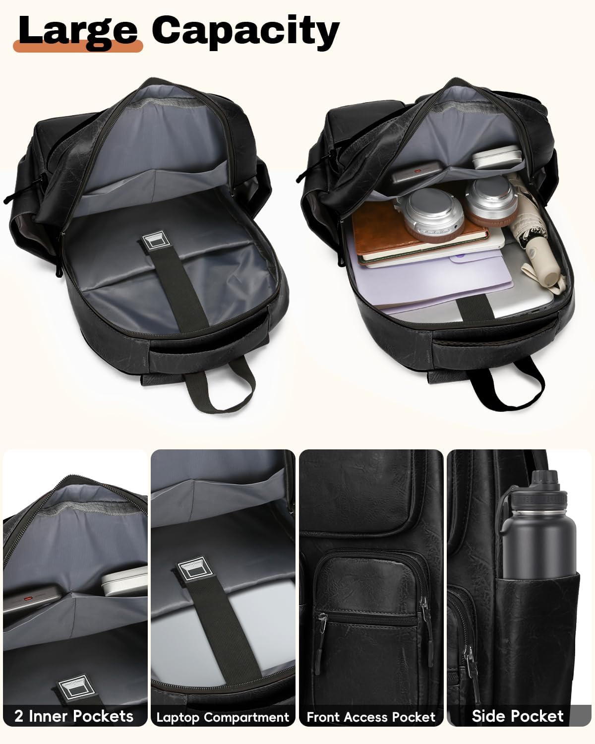 Vegan Leather Laptop Backpack PU Leather Computer Back Pack for Men & Women Travel Work Leisure Backpacks Bookbag