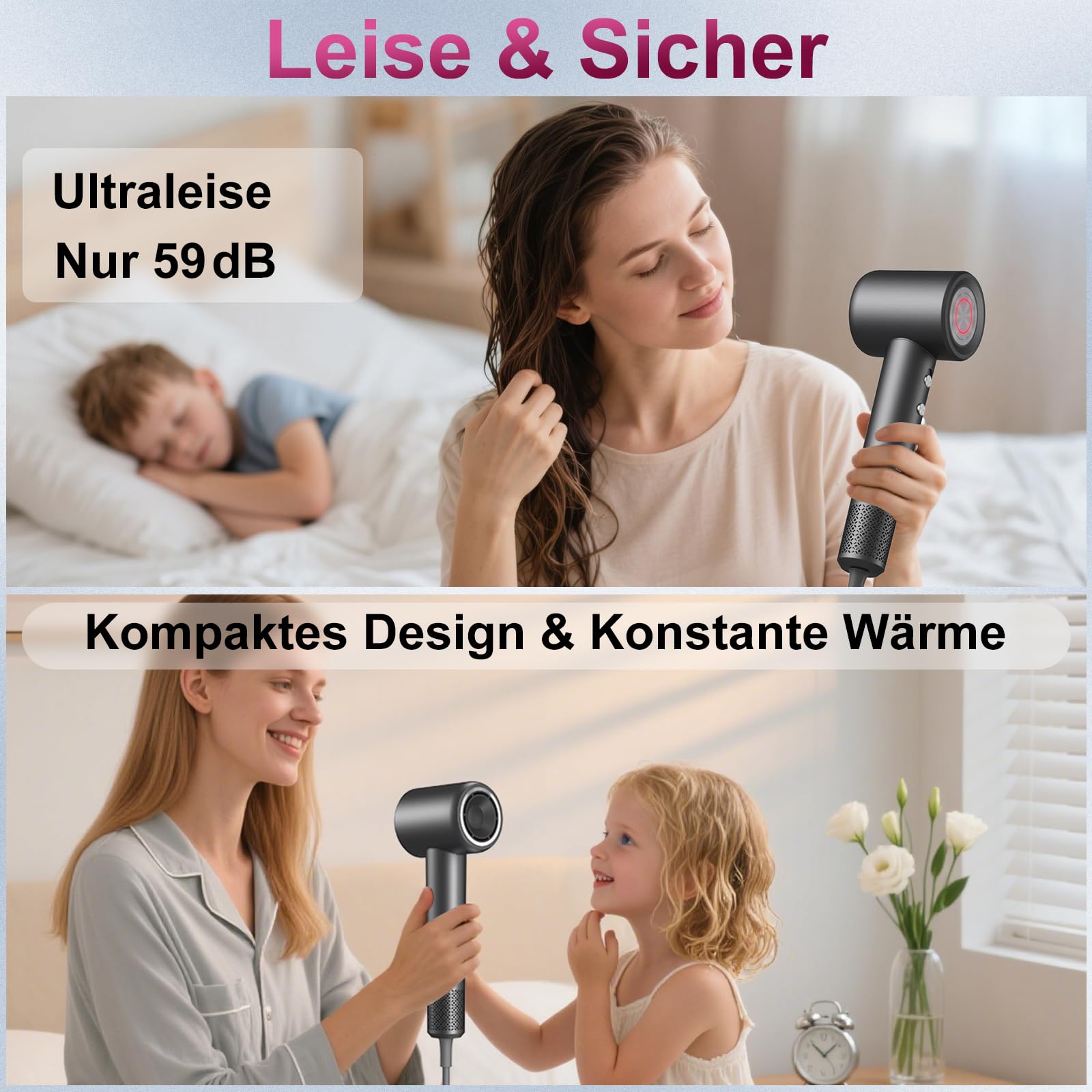 Haartrockner, 200 Mio. Ionen föhn mit Diffusor, 110,000 U/min Bürstenloser Motor, 1600W, 59 dB, Fön Klein für Reise, 2 Jahre Garantie,Grau