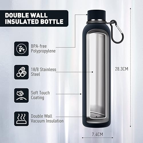 Miniatura 2 de Botellas de agua negras aisladas de 24 onzas con clip, botella de bebidas al vacío de doble pared mantiene las bebidas frías 24 horascalientes 12