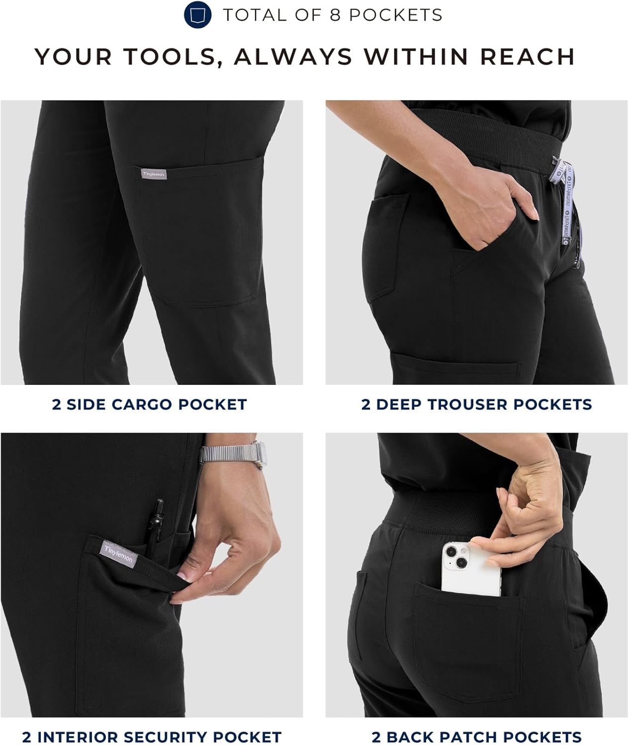 TINYLEMON Scrub Pants for Women - Slim Fit Soft Four Way Stretch Anti-Wrinkle Yoga Waistband Women Joggers 8 Pockets - Image 4