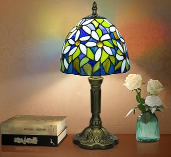 Tiffany Style Table Lamp, 3 Color Temperatures Bedside Lamp, 8 Inch Stained Glass Desk Light for Home Office Bedroom Living Room White Petal Pattern