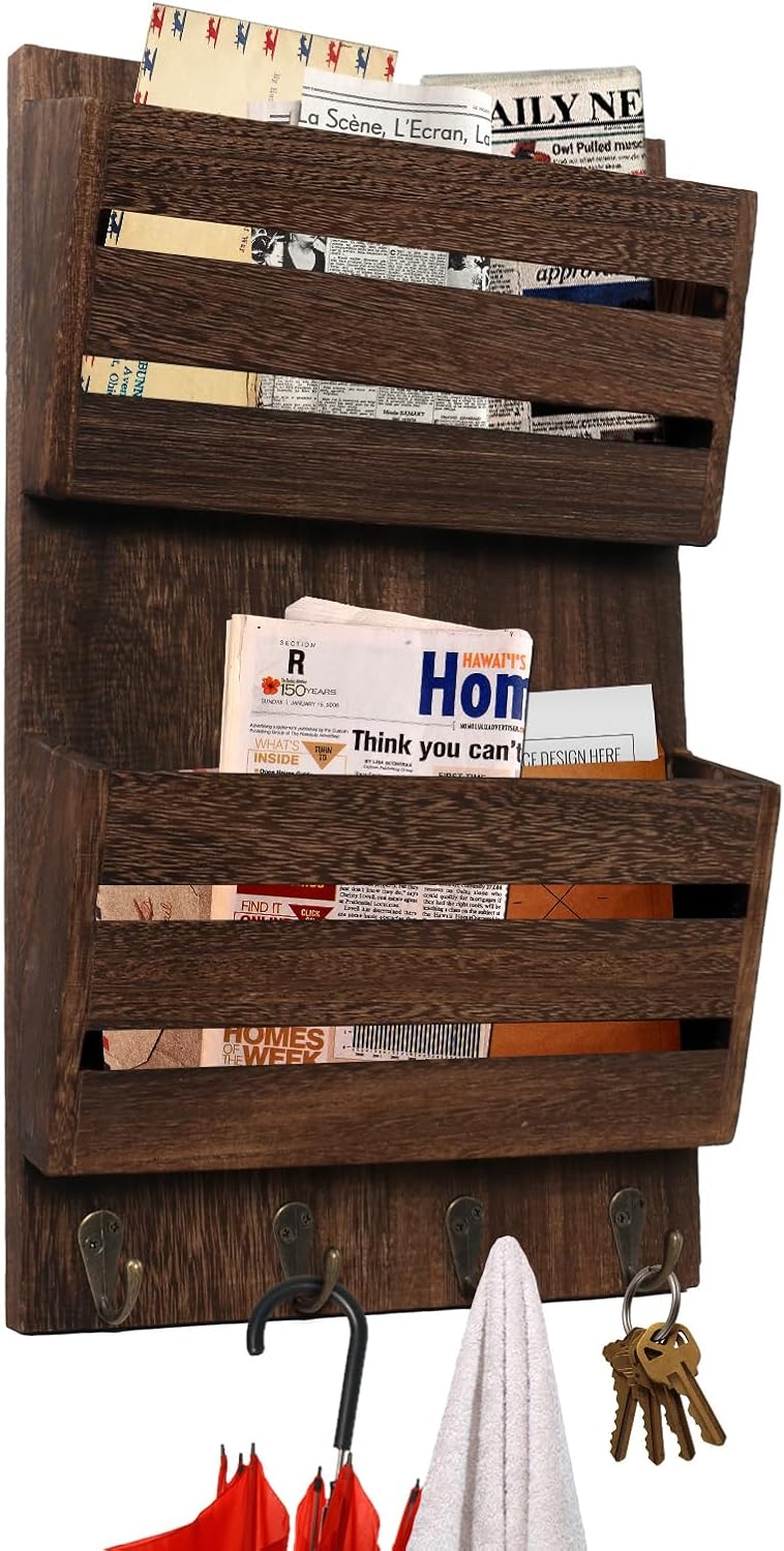 Mail Organizer Wall Mount with 4 Key Hooks, Rustic Wooden Hanging Mail Sorter Farmhouse Key Holder for Wall Decoration, 2-Slot Wall File and Magazines Bill Letter Holder (Brown)