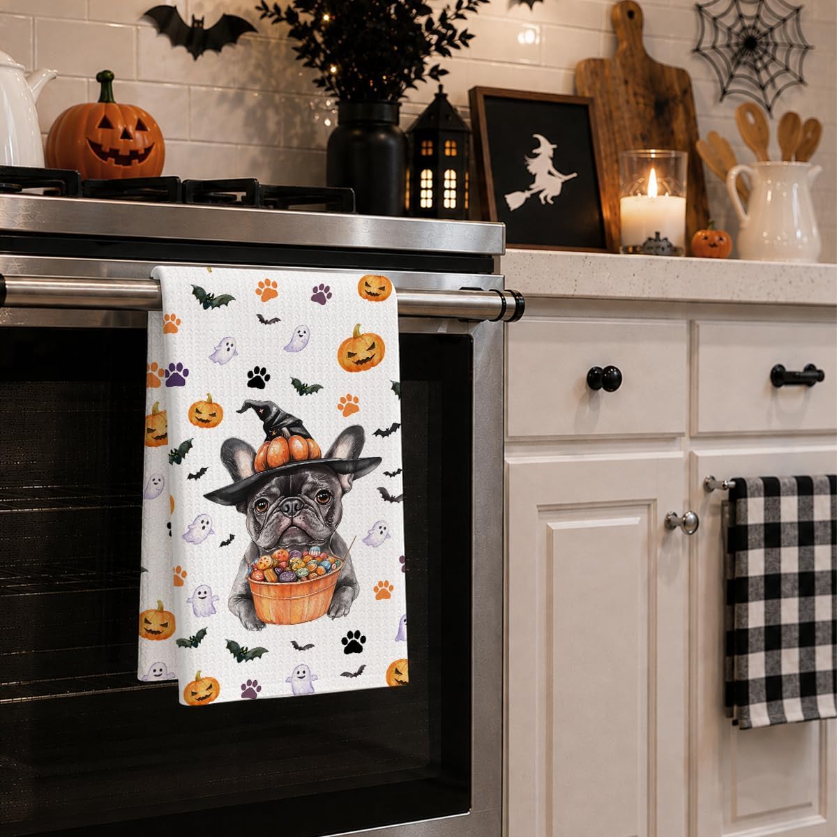 Halloween Dog Kitchen Towels, French Bulldog Gift Decor Dish Towels 02