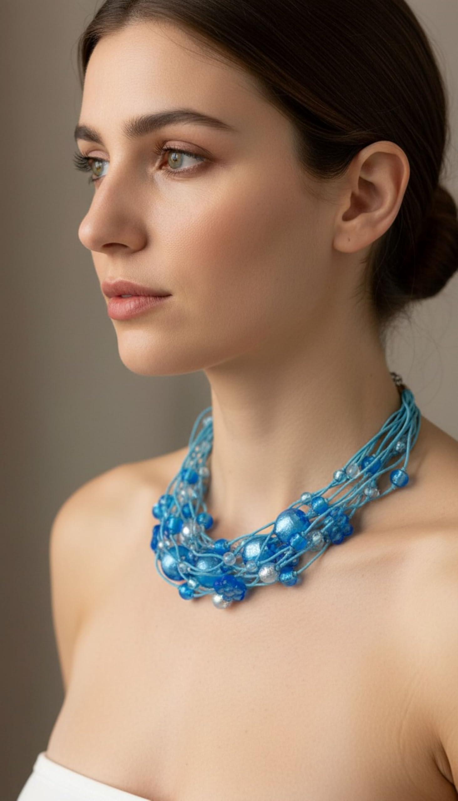 Collana in Vetro di Murano, Blu Multi-Filo con Perle, 45 cm,