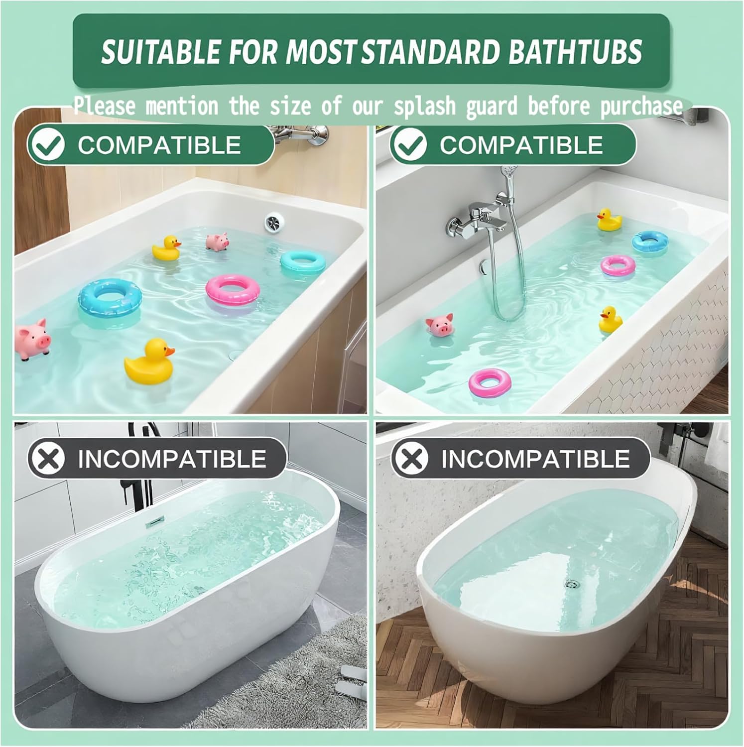 Bathtub Splash Guard for tub Kids& Bath Shelf for Kids – Toddler Bath Tray, Bath Toys Storage & Ledge Organizer – Splash Guard for Bathtub with Suction Cups – Kids Bathroom Accessories(2.6FT, Green)