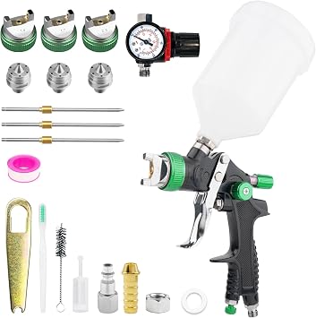 HVLP Paint Spray Gun, Air Gravity Feed System with 3 Nozzles 1.4/1.7/2.5mm & Regulator for Efficient, Automotive Paint Gun for Car, House Painting, Furniture, Wall, Shed, Fence Painting Green