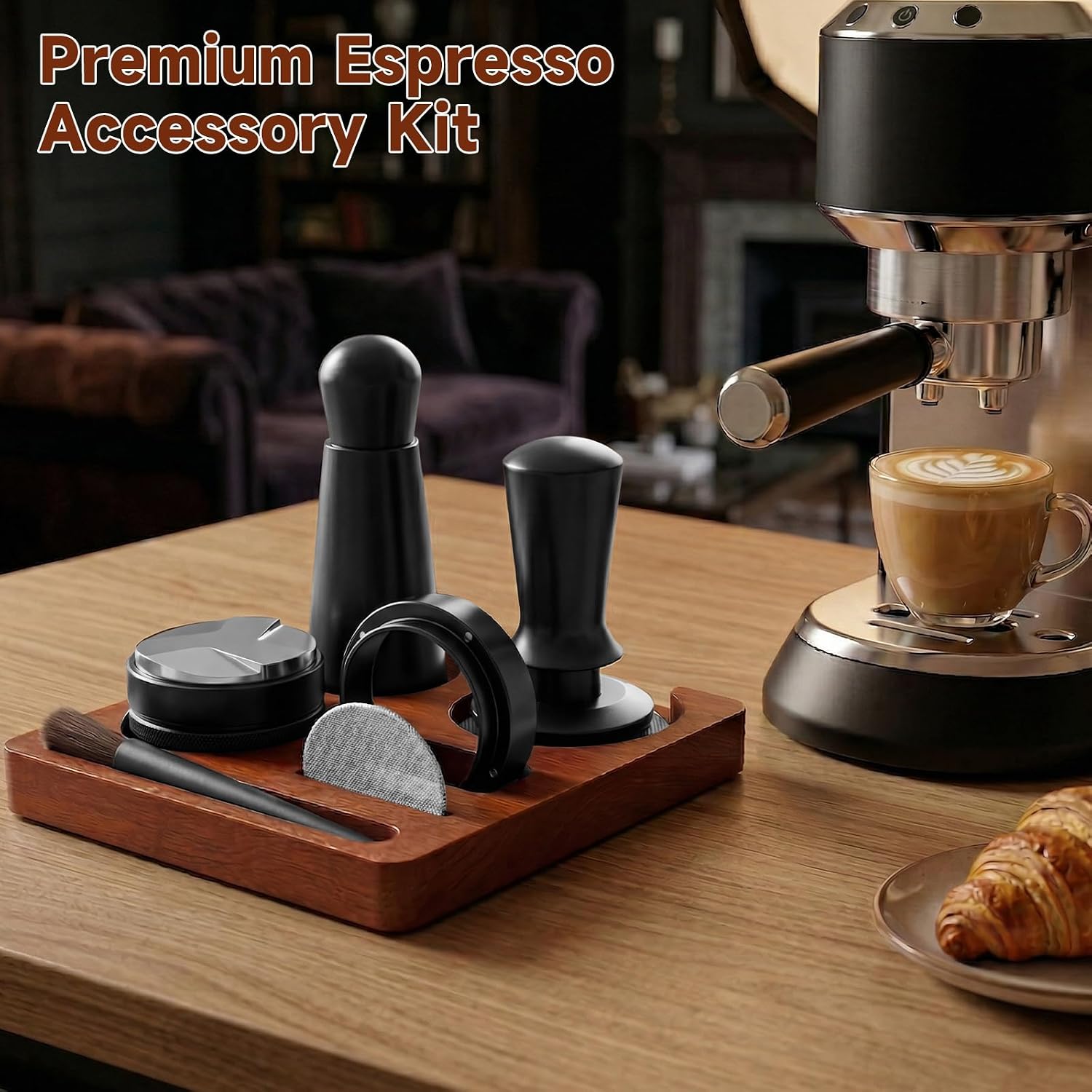 7 PCS Espresso Accessories Tools Kit, Espresso Tamper with Wood Espresso Tamping Station,WDT Tool Espresso Machine Accessories,Distributor,Stirrer, Dosing Funnel,Brush,Puck Screen (51mm)