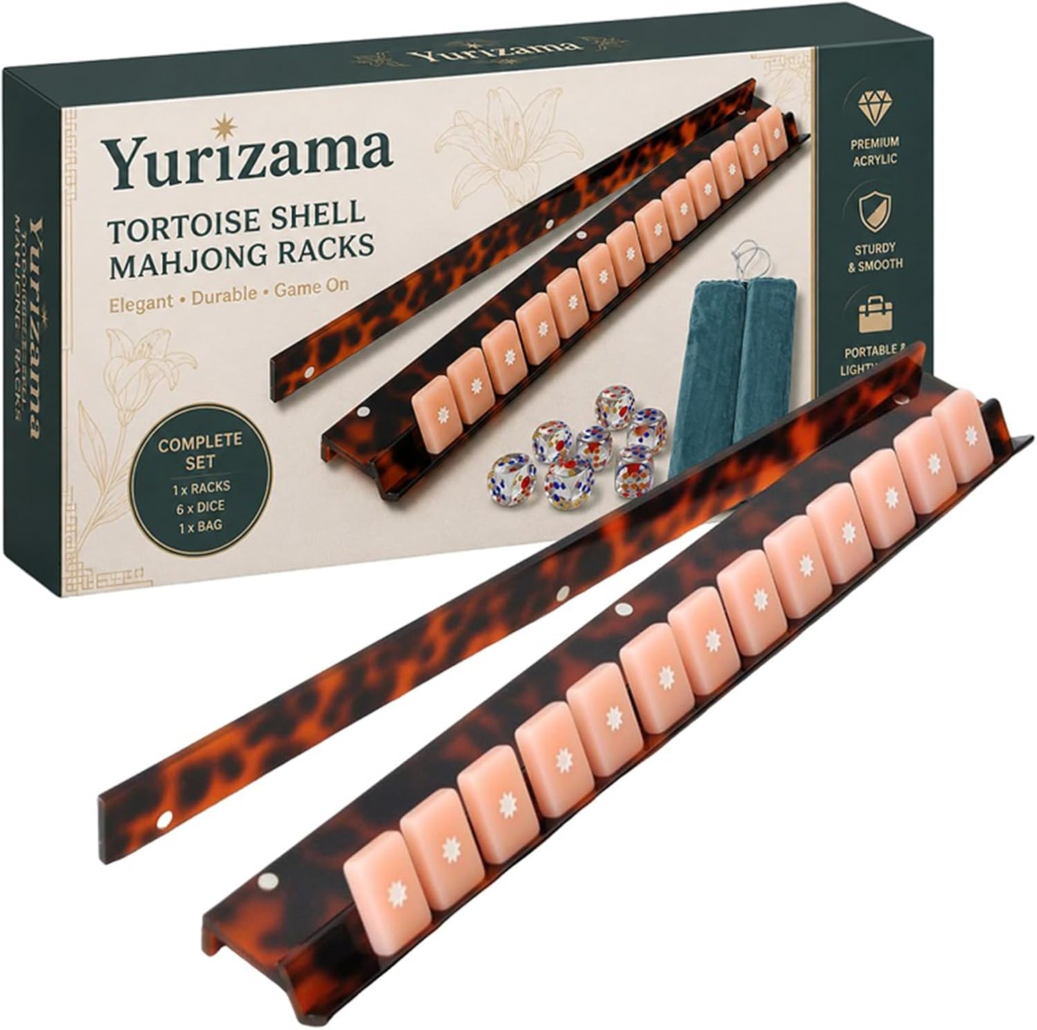 Tortoise Shell Rack & Pusher Set, Tortoise Shell Acrylic Mahjong Rack Set with Fully Detachable Magnetic Pushers, Tortoise Shell Mahjong Racks, 20 Inch Extended Length, Glossy Finish (Tortoiseshell)