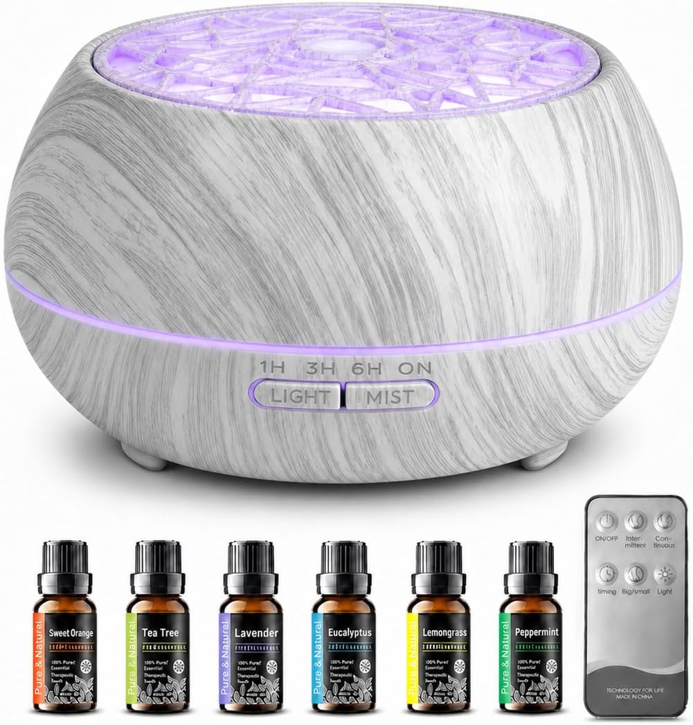 550ml Aromatherapy Essential Oil Diffuser Remote Timer 7 LED Lights | Whisper quiet 550ml tank, handy remote, adjustable timer, 7 soft mood lights, dry-burn safety shut-off
