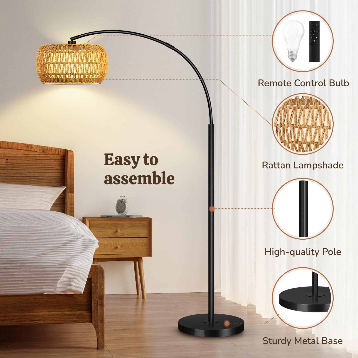 Arc Floor Lamp for Living Room, Rattan Boho Floor Lamp with Remote Control, Black Standing Lamp with 3 Color Temperatures & Dimmable LED Bulb, Tall Lamp for Bedroom, Over Couch Arched Reading Light
