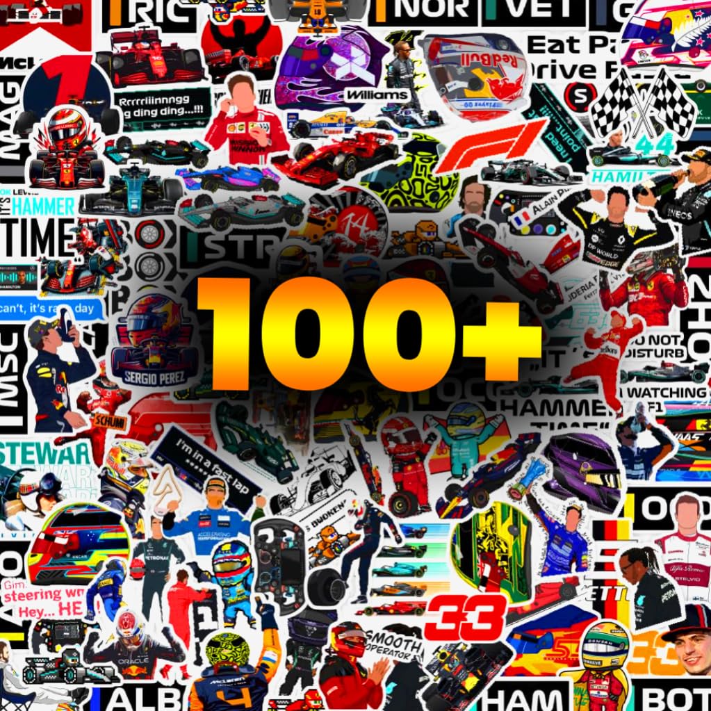 100+ Pcs F1 Formula One Racing Vinyl Self-Adhesive Stickers for Laptop, Journal, Diary, Guitar, Mobile Case - Waterproof Residue Free Multicolor Stickers for Metal, Glass-image-9