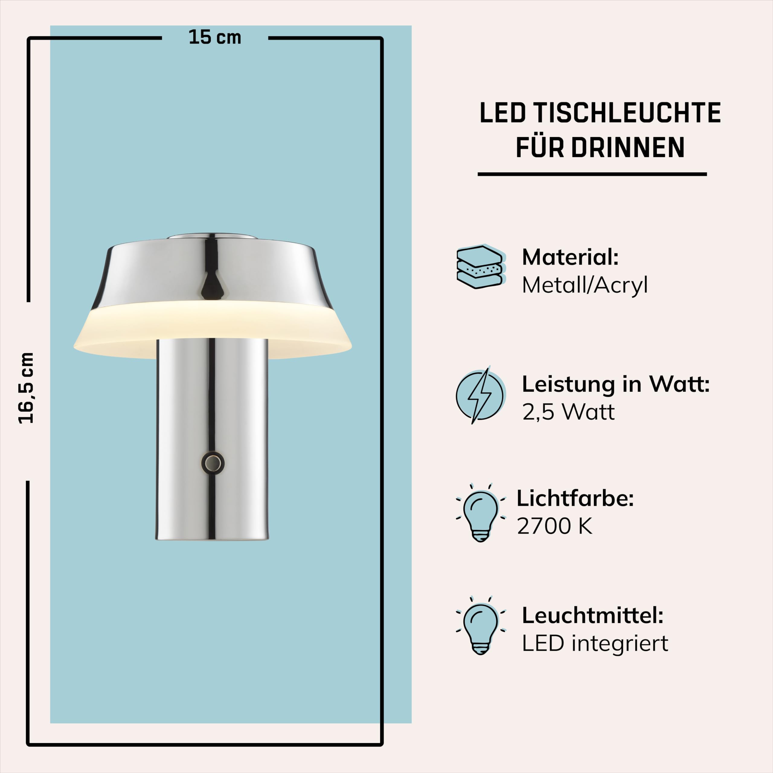 Lightbox LED Akku Tischlampe Chrome - Nachttischlampe Touch dimmbar & kabellos - 2,5W, 240lm, 2700K warmweiß - Wireless Charging