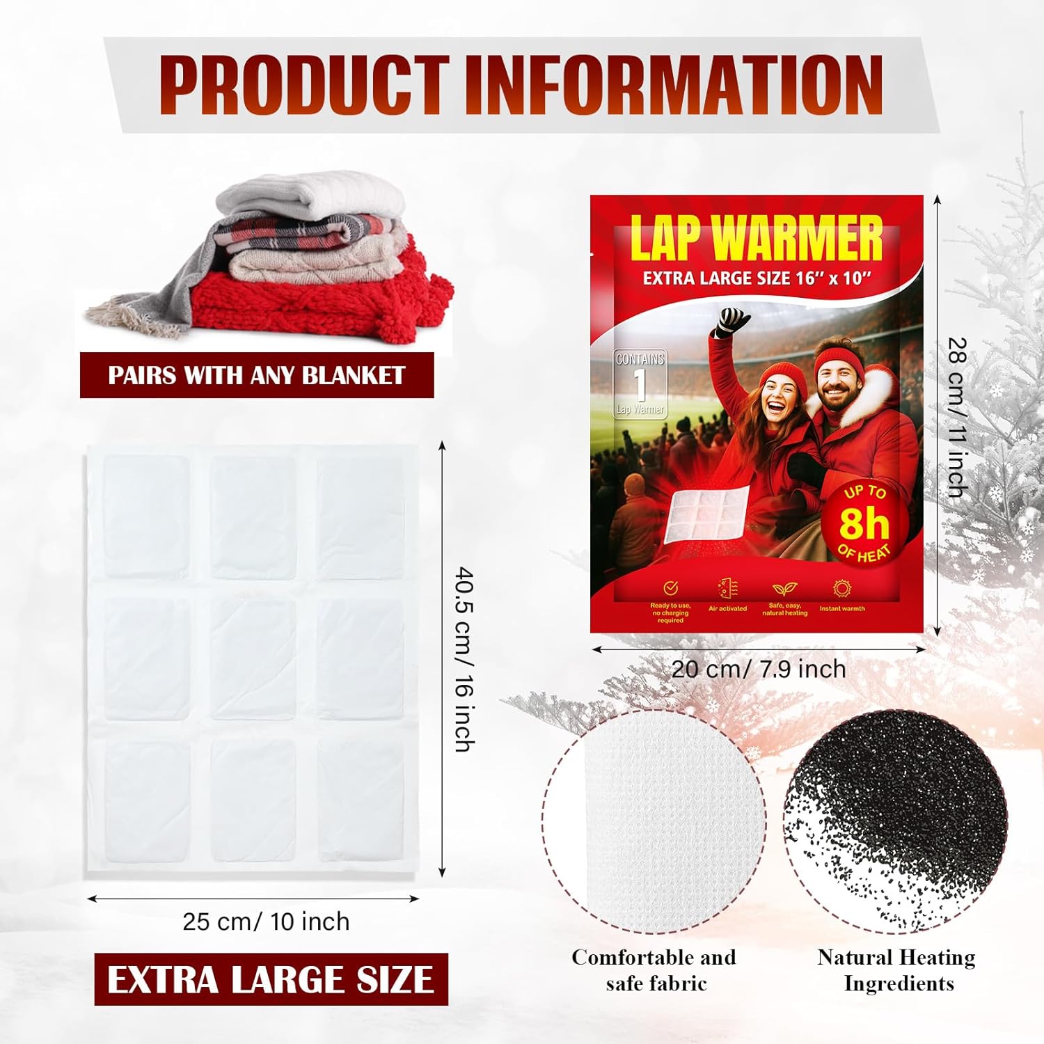 Foilswirl Lap Warmers Largest Warmers with Adhesive Backing 16" x 10" Disposable Air Activated Heat Packs 8 Hours Long Lasting Camping Outdoor Sporting Events Cold Weather Gift Pairs Heat up