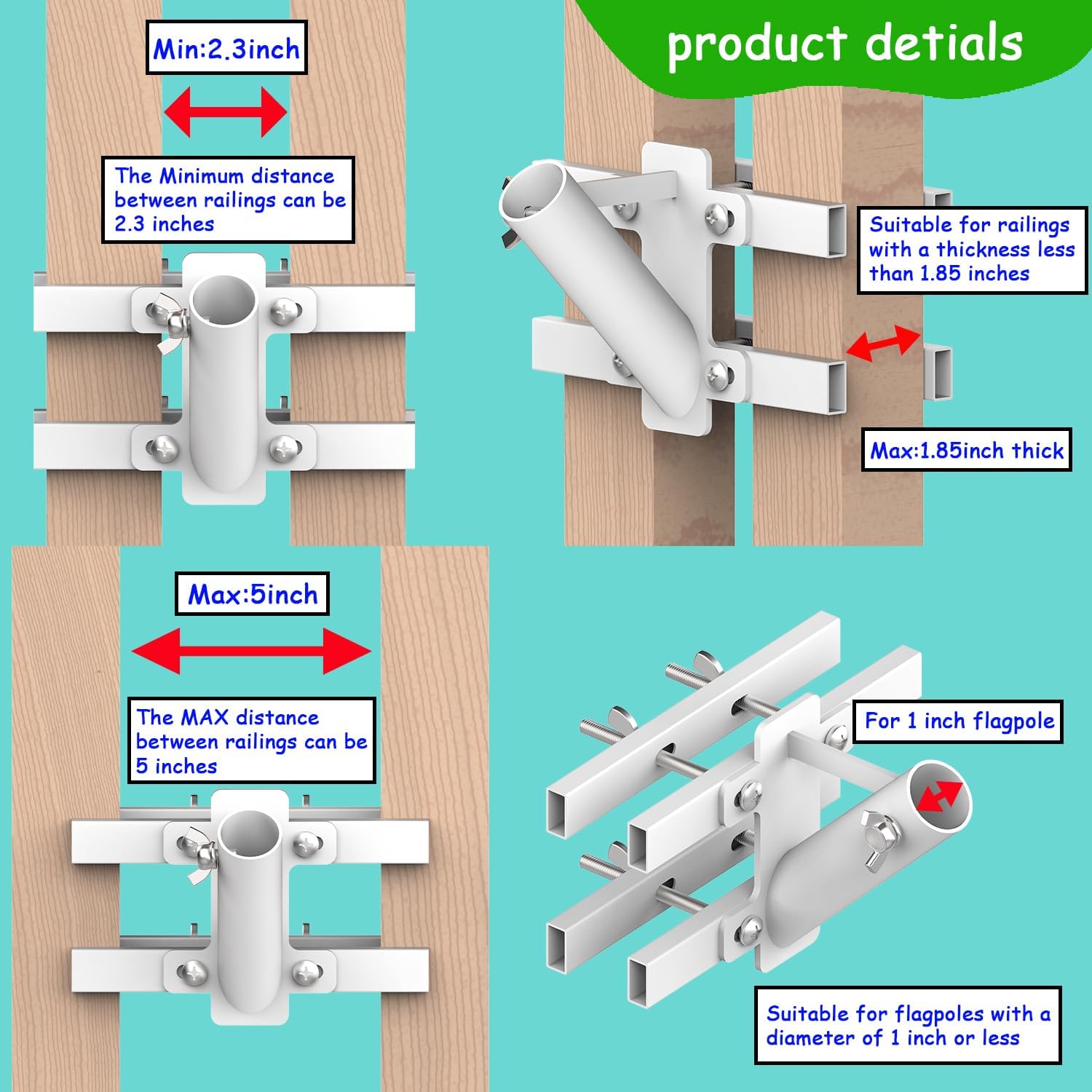 Heavy Duty No Drilling Flagpole Mount for Railing, Fence, Porch, Balcony - Metal Flagpole Holder for 1 Inch Flagpole (White)