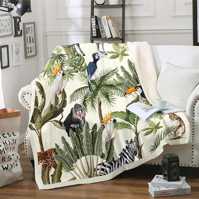 Loussiesd Palm Tree Print Blanket for Sofa Couch Bed Leopard Zebra Fleece Throw Blanket Decorative Tropical Nature Theme Sherpa Blanket Wild Animal Pattern Plush Fuzzy Blanket Double 60"x79"