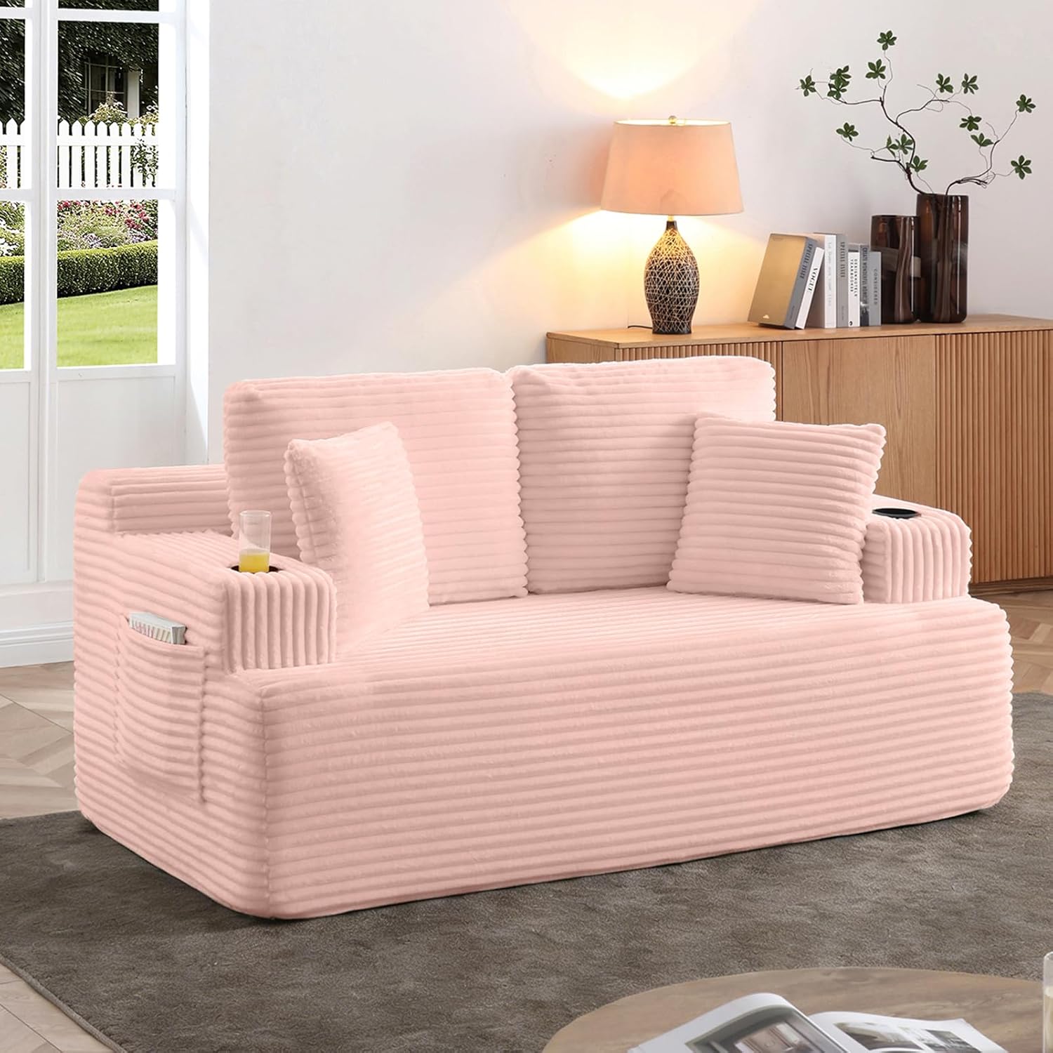 Loveseat Sofa Cloud Boneless Couch, Corduroy Upholstered Deep Seat Beanbag Sofa Chair with Cup Holder &Side Pocket, Modern Comfy Compression Memory Foam Couch for Living Room, Bedroom(66.5" W, Pink)