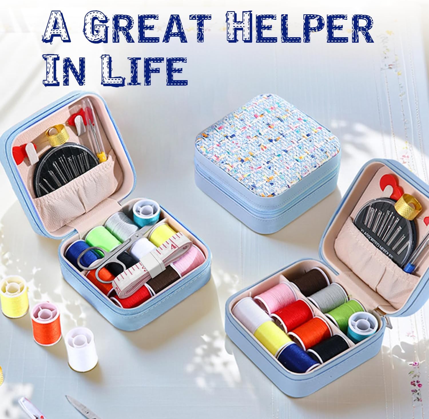 Sewing Kit, Portable Kit for Adults, Stylish Mini Sewing Supplies Set | in Storage Box with Needle & Thread Accessories for Students & Beginners | 3.94x3.94in (Blue)