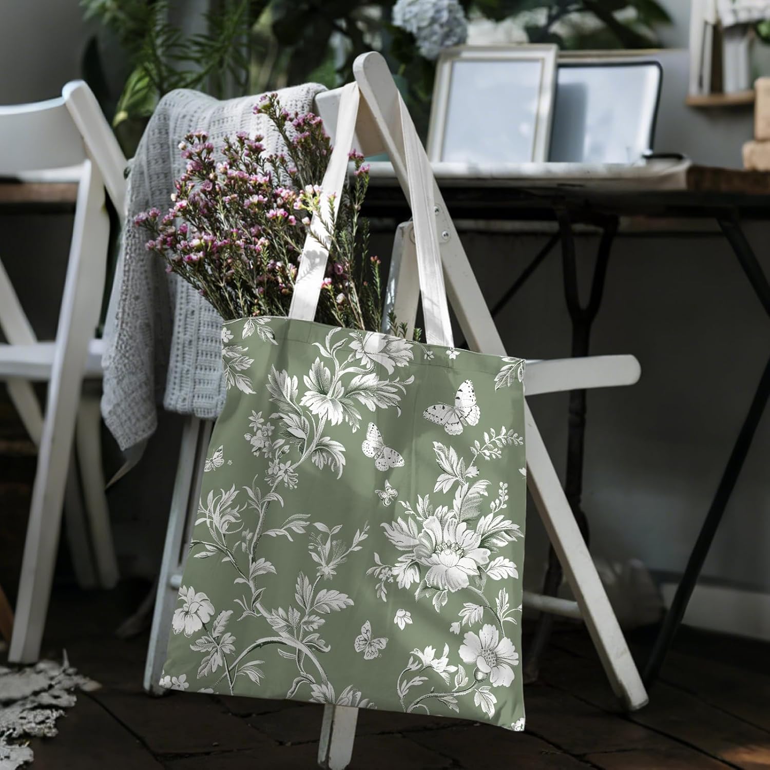 Floral Canvas Tote Bag for Women Chinoiserie Tote Bag Aesthetic Reusable Grocery Bags for Travel Shopping - Image 3