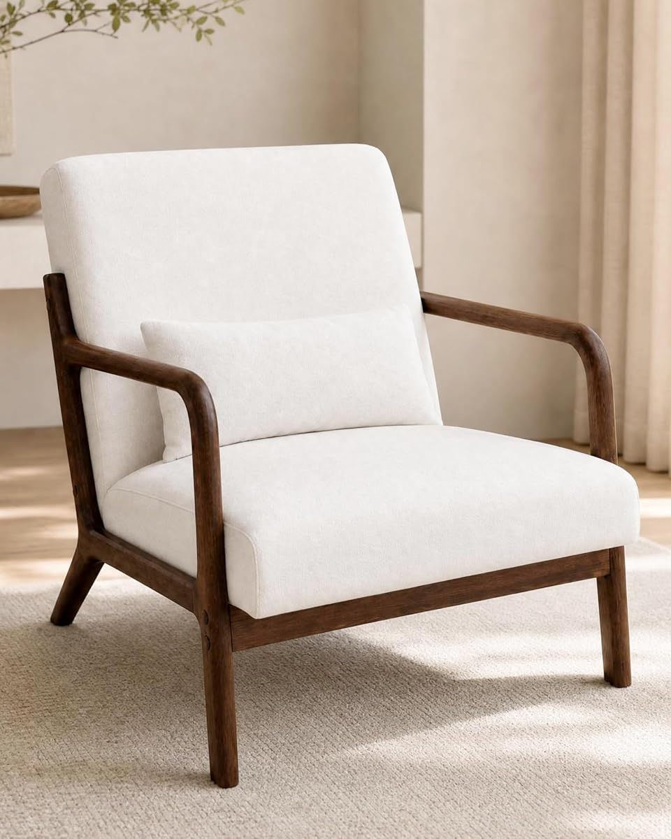 Silla decorativa Garvee Mid Century, sillón tapizado con almohada lumbar | Acogedora silla de lectura beige de chenilla con estructura de madera maciza. Fácil montaje. Para salón, dormitorio u oficina.