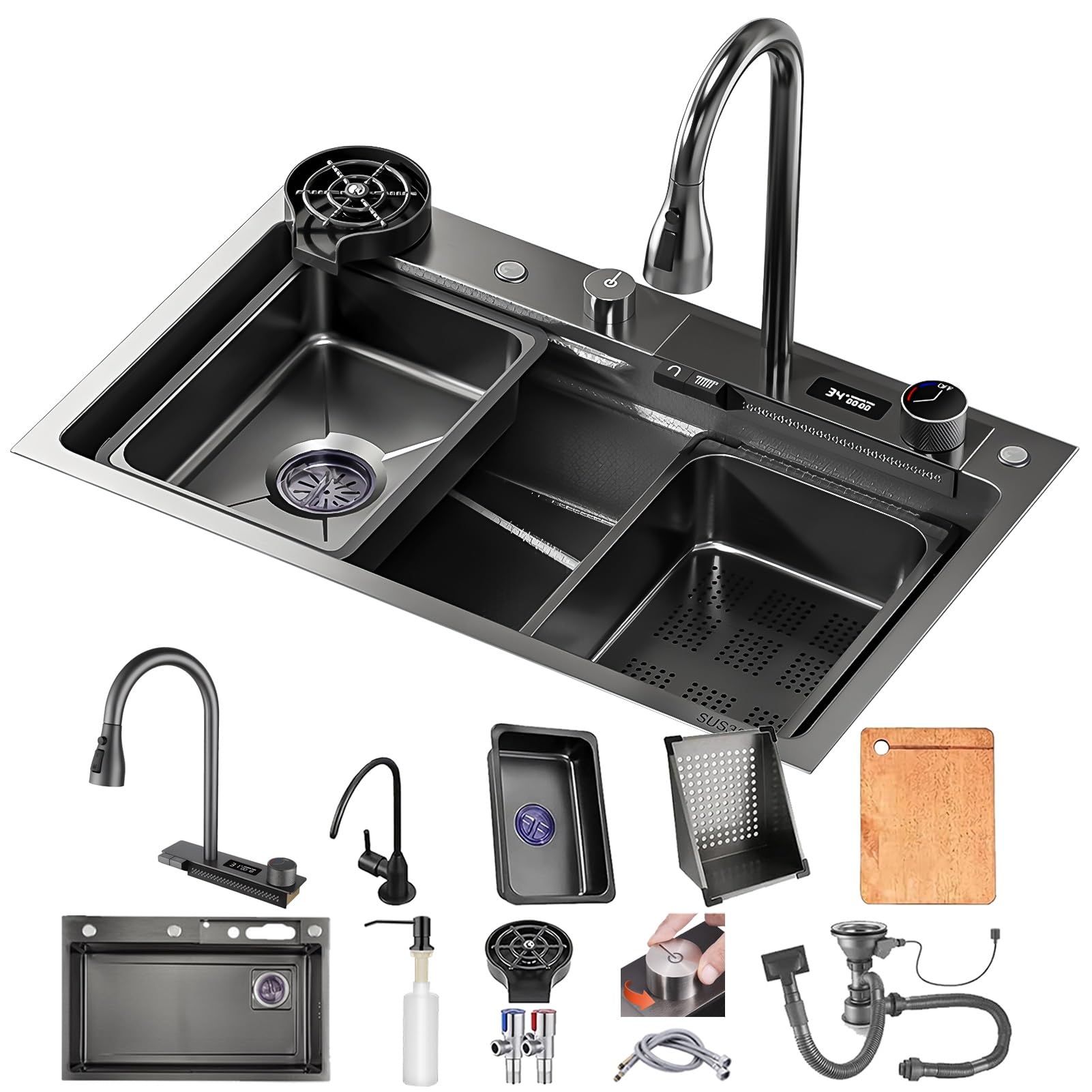 Fregadero de cocina de acero inoxidable antiescurrimiento con juego de drenaje total