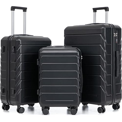 Merax 3-Piece ABS Hardshell Suitcase Set – Lightweight, Tough & Scratch-Resistant, Black Horizontal Stripe, 20/24/28 Inch