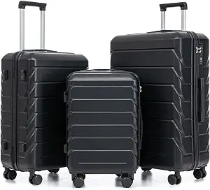 Merax 3-Piece ABS Hardshell Suitcase Set – Lightweight, Tough & Scratch-Resistant, Black Horizontal Stripe, 20/24/28 Inch