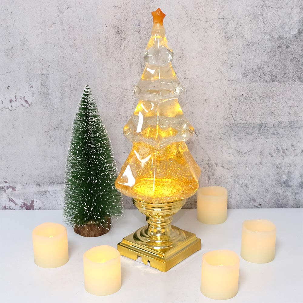 Eldnacele Boule à neige musicale lumineuse en acrylique transparent avec ligne USB et minuterie de 6 heures pour décoration de la maison, piédestal doré de 35,6 cm