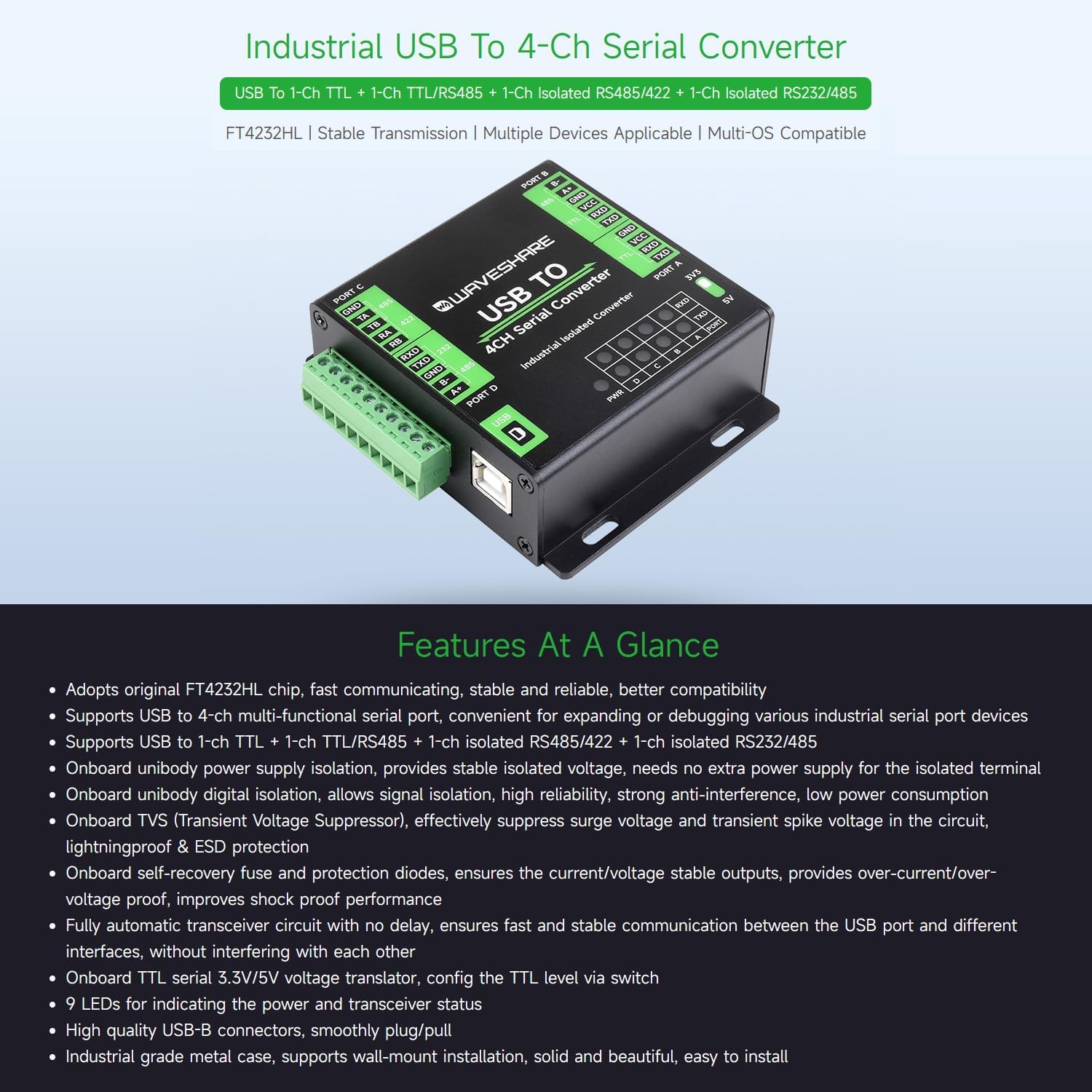 Waveshare Industrial USB to 4-Ch Serial Converter, Original FT4232HL Chip, Supports USB to RS232/485/422/TTL, Multiple Devices Applicable, Multi-OS Compatible