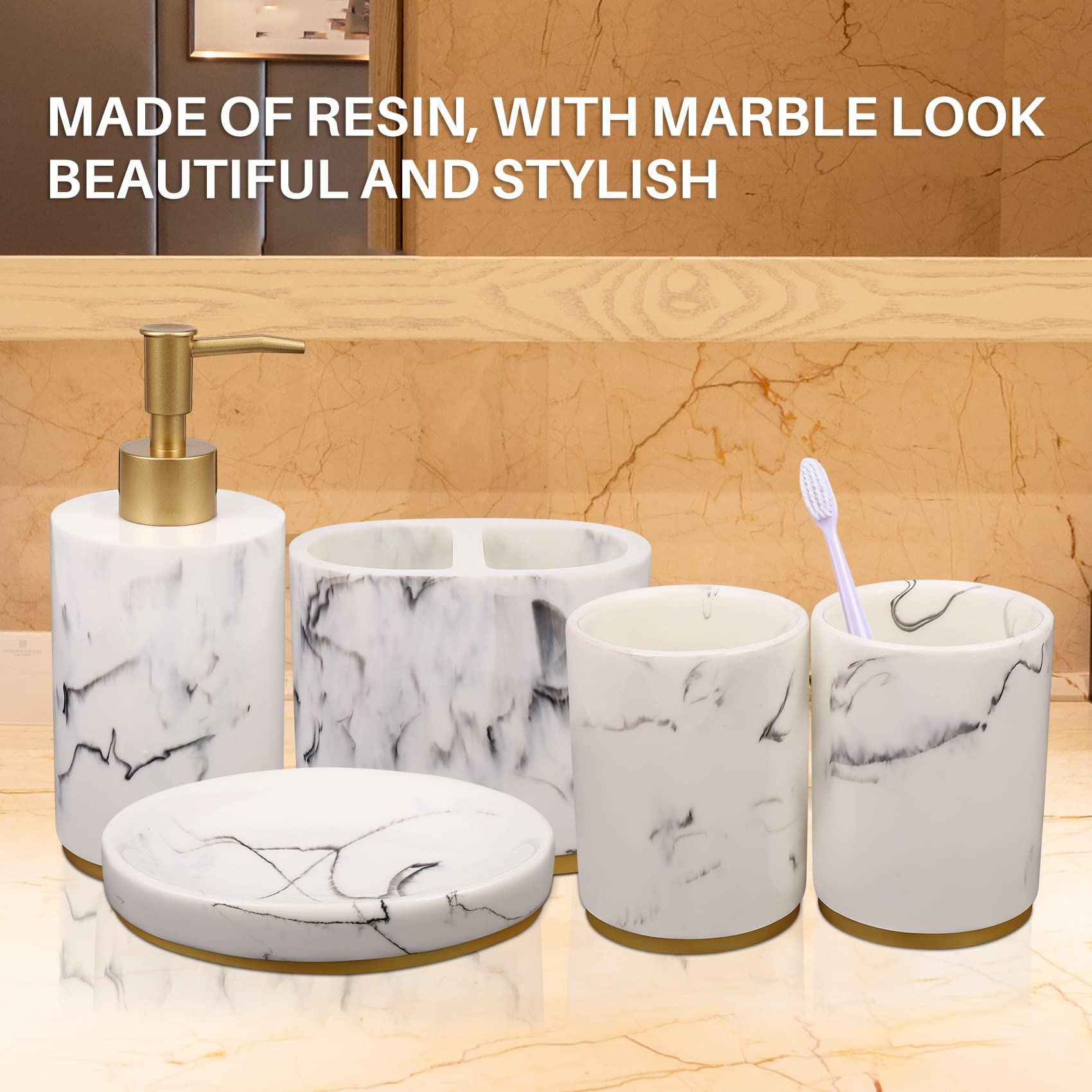 de accesorios de baño, conjunto de baño de 5 piezas, colección de juegos de baño, bomba dispensadora de jabón de mármol, soporte para cepillo de dientes, jabonera