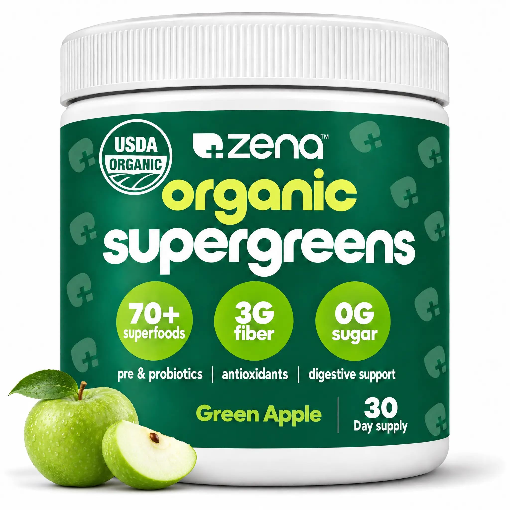 Zena Nutrition Organic Super Greens Powder, 70+ Superfoods, 0 Sugar, 3G Fiber, Spirulina, Chlorella, Mushrooms, Prebiotics/Probiotics, Digestive Enzymes for Gut Health, Green Apple, 30 Servings