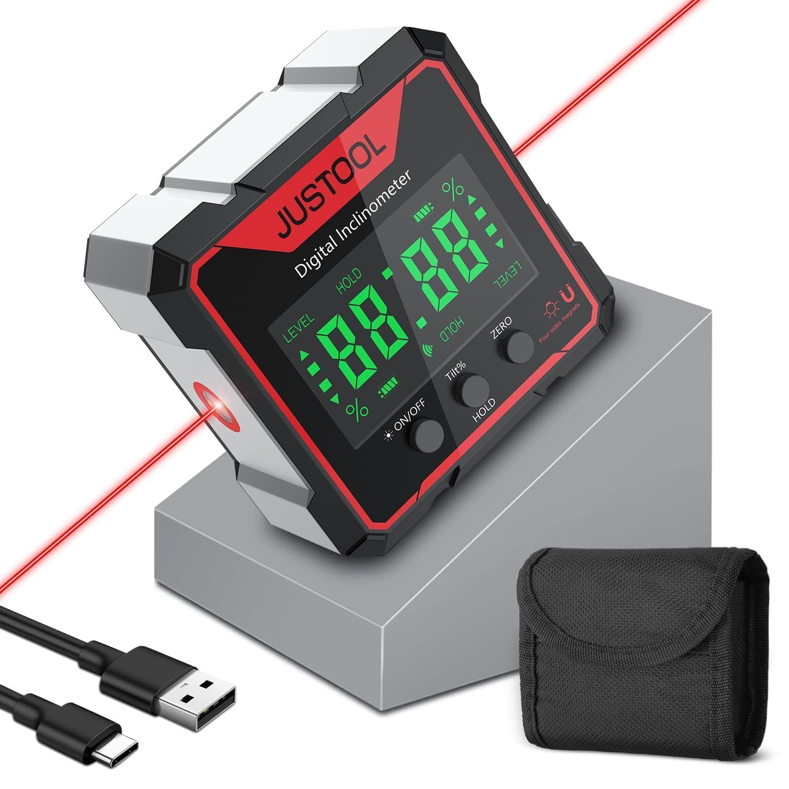 JUSTOOL Inclinómetro digital 4 * 90 con Pantalla LED-Nivel digital 4 lados magnéticos-Transportador láser electrónico Recargable-IP54 Impermeable para Carpintería,Construcción etc