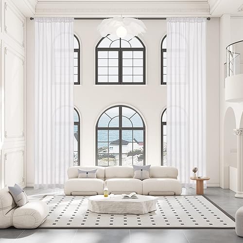 Sanceor Rod Pocket Extra Long Sheer Voile Window Curtain 1 Panel,Semi Transparent High Ceiling Curtain for Living Room,2 Story House (White,52 x 156 Inch