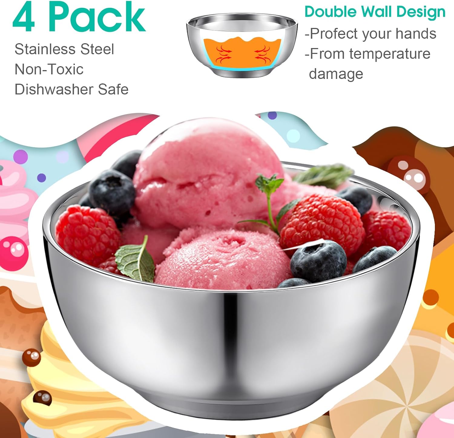 Funnymoom 4 Pack 34 oz Stainless Steel Insulated Bowls, Double Walled