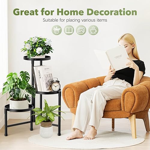 Miniatura 6 de Soporte esquinero de 3 niveles para plantas para interiores y exteriores, estante de metal para plantas con bandeja de 10 pulgadas de ancho, soporte
