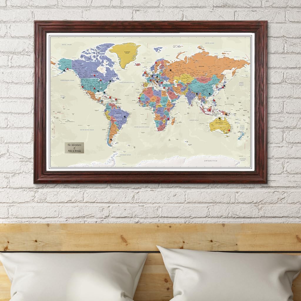 Push Pin Travel Maps Personalized with Solid Wood Cherry Frame and Pins - 27.5 inches x 39.5 inches - Tan Oceans