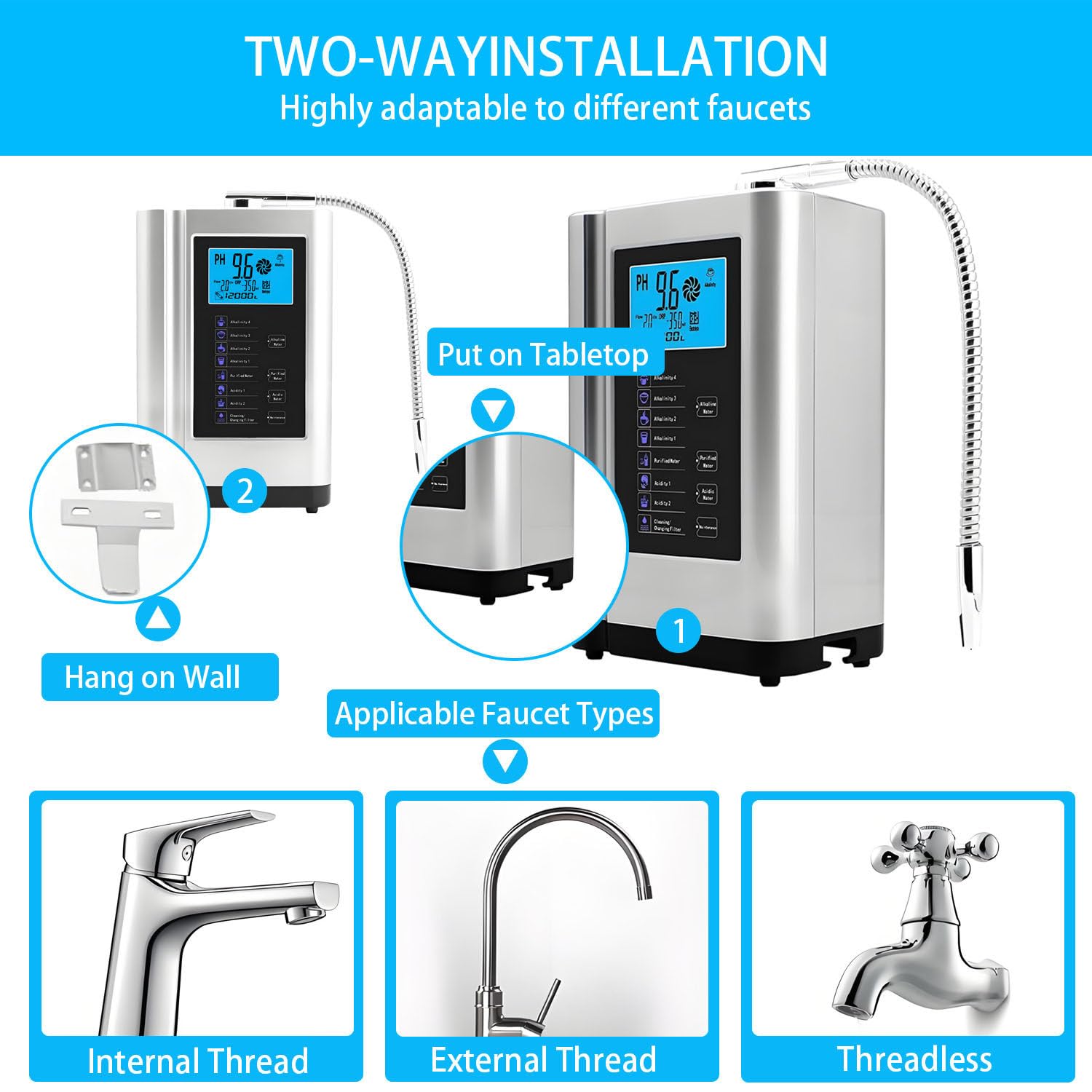 Macchina purificatrice d'Acqua, ionizzatore d'Acqua alcalina, 7 impostazioni alcaline/acide PH 3.5-10.5, Filtro Interno da 8000 Litri, autopulizia, Display LCD e messaggi vocali. White