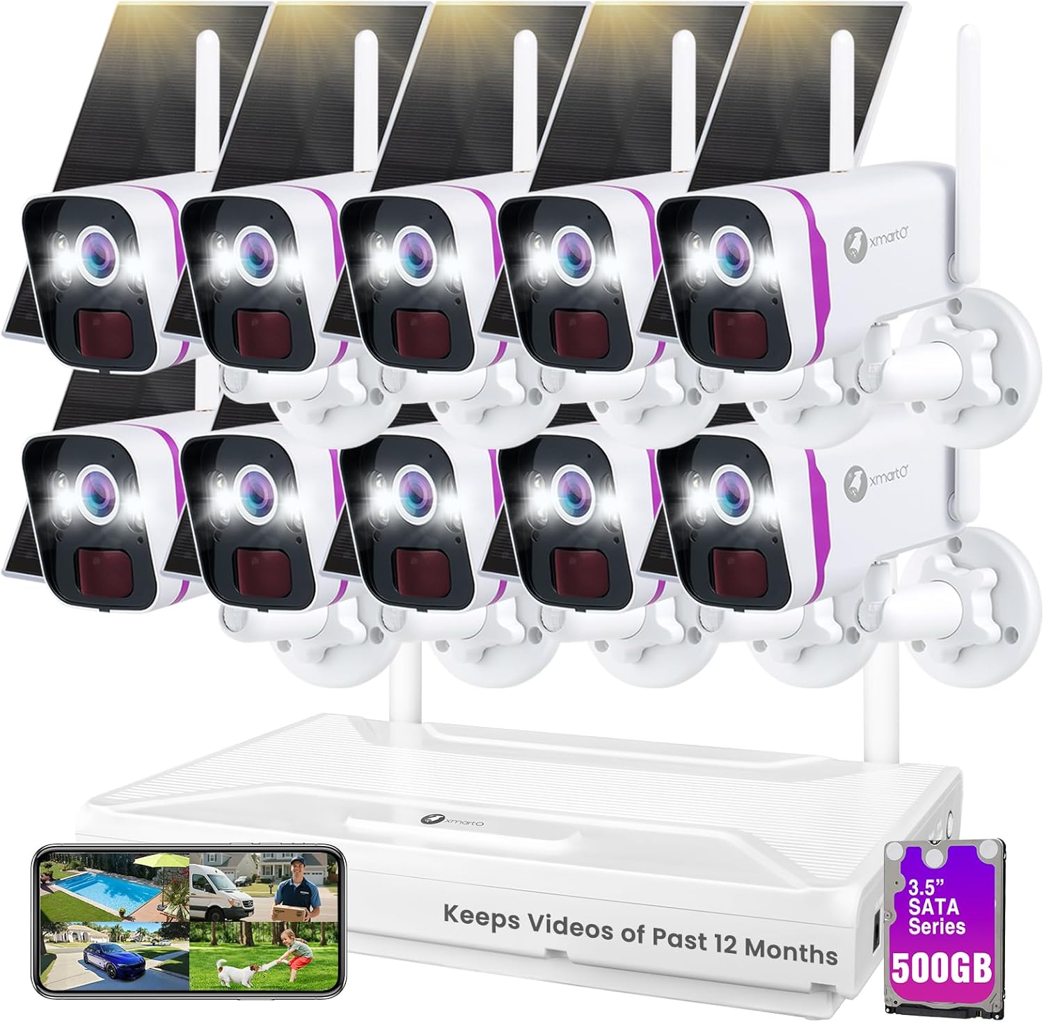 xmartO Solar Wireless Security Camera System, 10CH 4K Expandable WiFi 6 NVR 10 * 4MP 2K Outdoor Cameras, Weatherproof Solar, IR&Color NV, Long-Range WiFi Mesh, Free 2-Years Video, No Monthly Fees