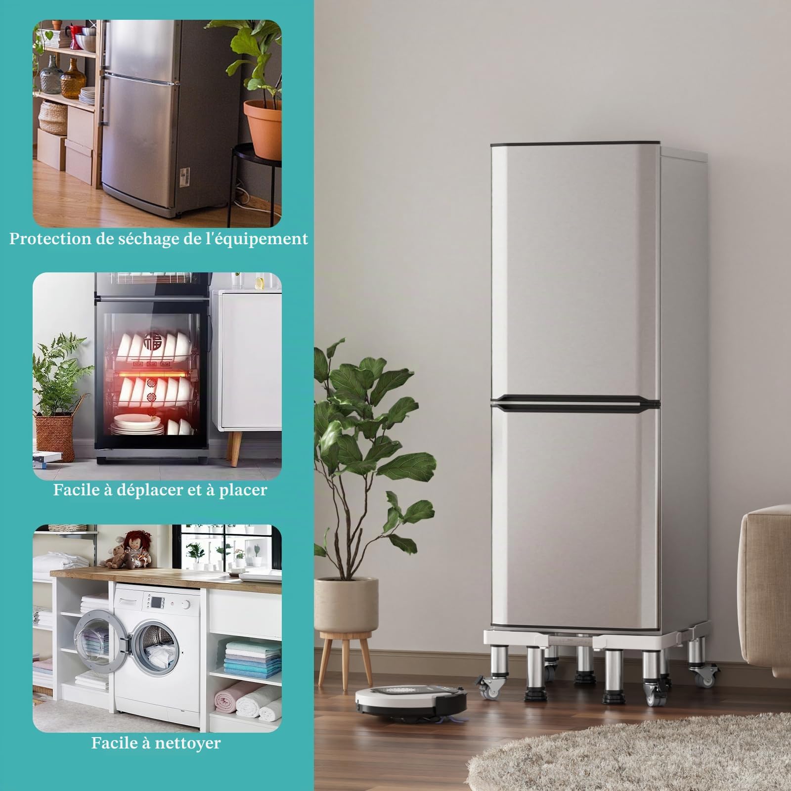 DEWEL Base de Réfrigérateur Réglable longueur 41–59 cm hauteur 16-20 cm Base de Réfrigérateur pour Sèche-linge Frigo Lave-vaisselle avec 4 pieds et 4 roues, Charge 300 kg