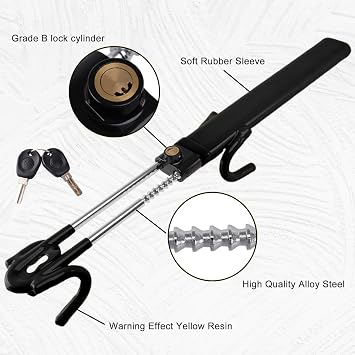 Steering Wheel Lock Twin Bar, Car Steering Wheel Locks, Universal Steering Lock Heavy Duty High Visibility Universal Fit for Cars, SUVs, Motorhomes, Caravans, 2 Keys (Black)