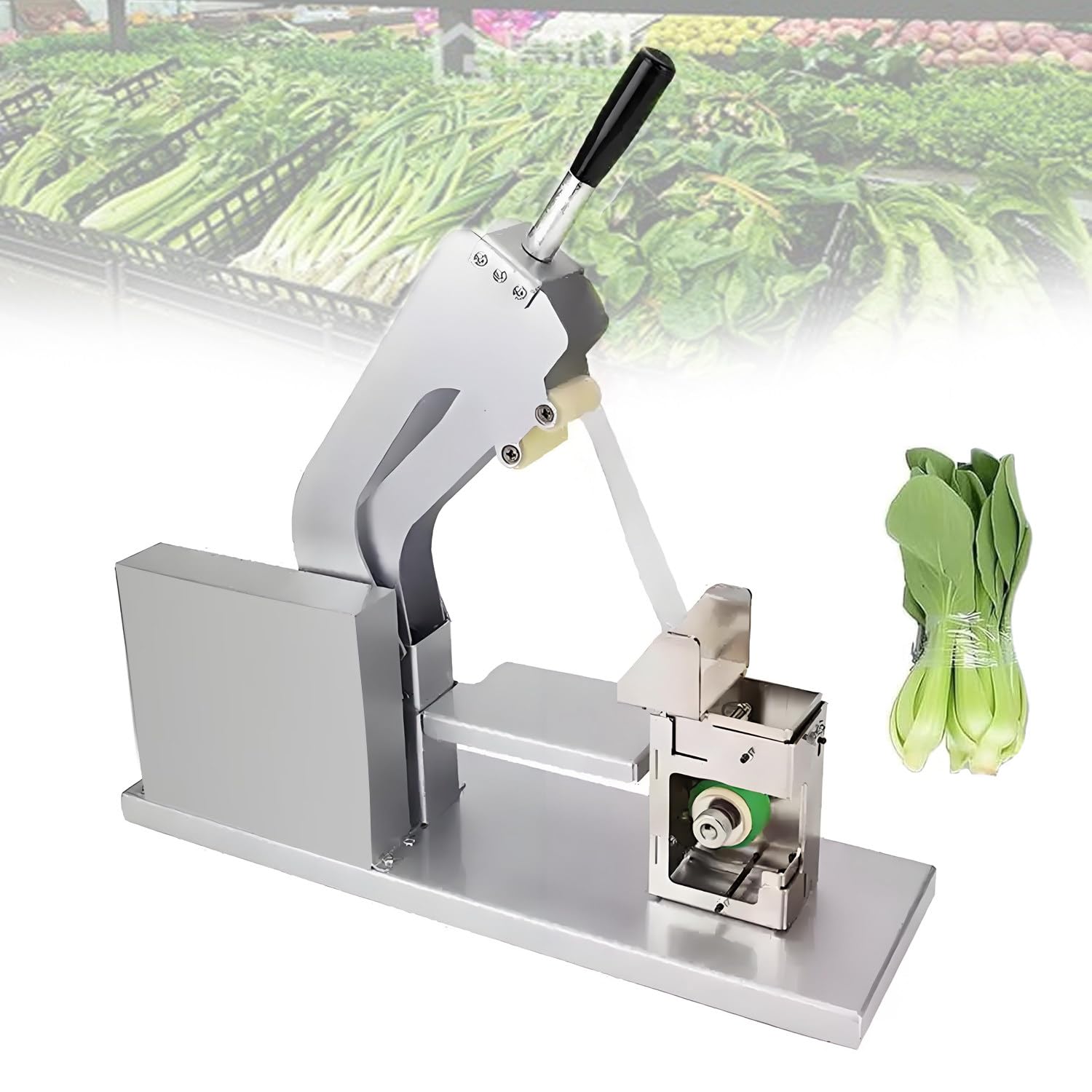 Flejadora de verduras, compacta, semiautomática, con mango de fácil agarre y resorte de retorno para un atado rápido y consistente de frutas y verduras