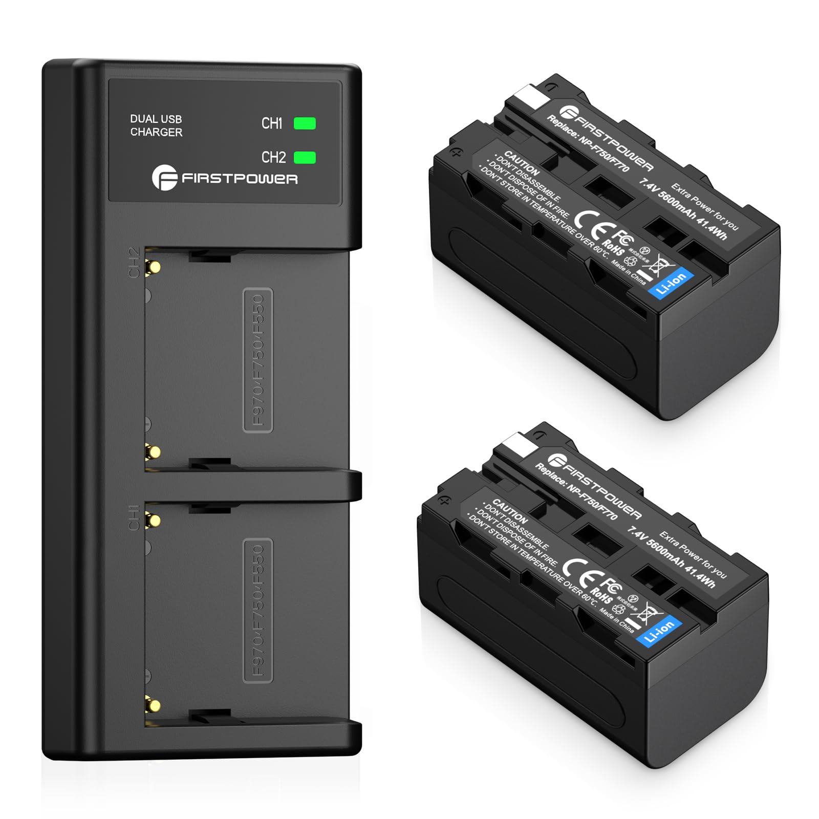 FirstPower NP-F750 Battery 2-Pack 5600mAh and Dual Charger for Sony NP F750