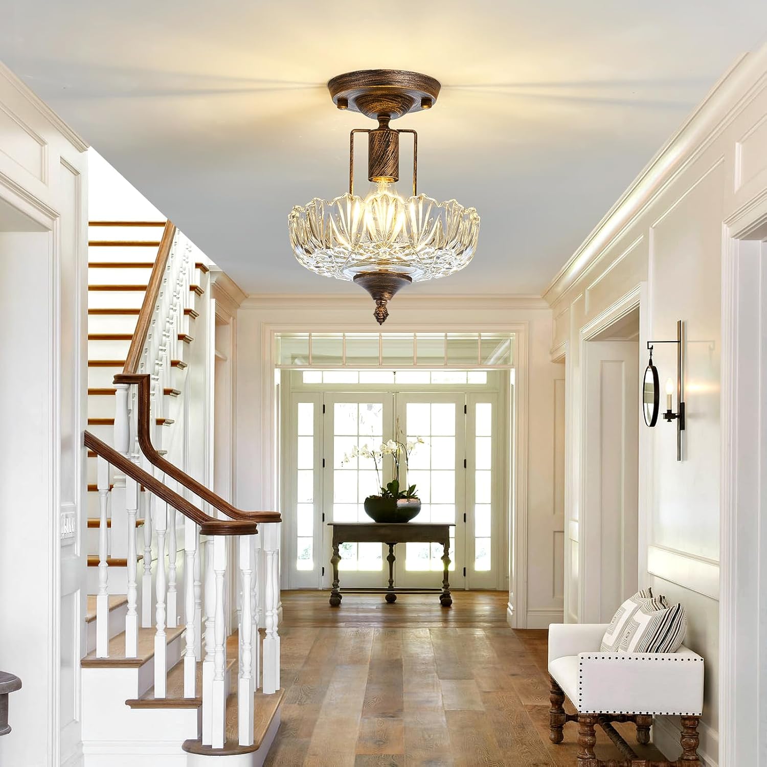 UOFUS Glass Ceiling Light Fixture Vintage Small Semi Flush Mount Chandelier Oil Rubbed Bronze Mini E26 Ceiling Lamp for Hallway Bedroom Bathroom Closet