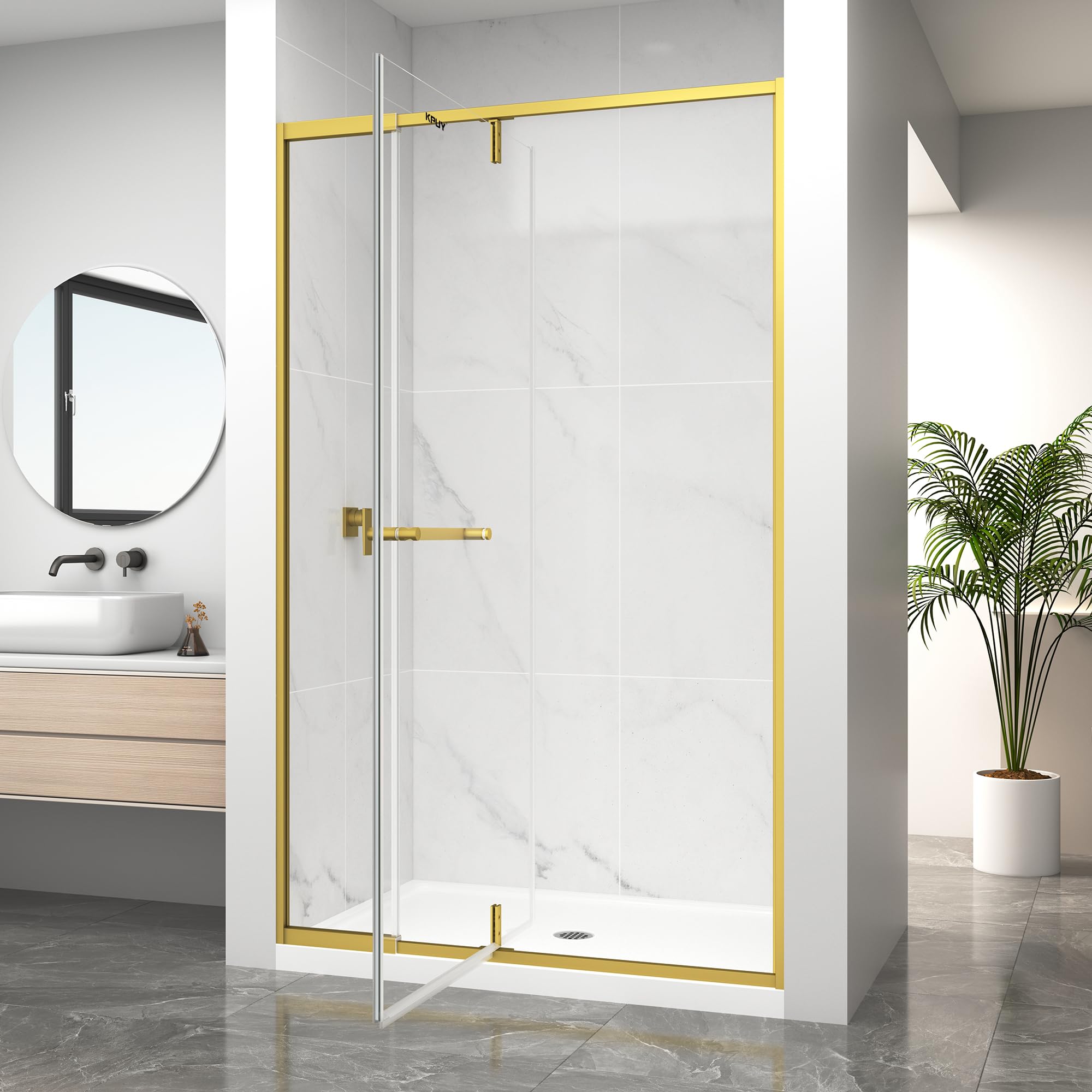 Photo 1 of KPUY Pivot Shower Door, 42-48" W x 72" H Semi-Frameless Swing Glass Shower Door with Explosion-Proof Film Nano Coating, 1/4" (6mm) Thick Tempered Clear Glass, Brushed Gold