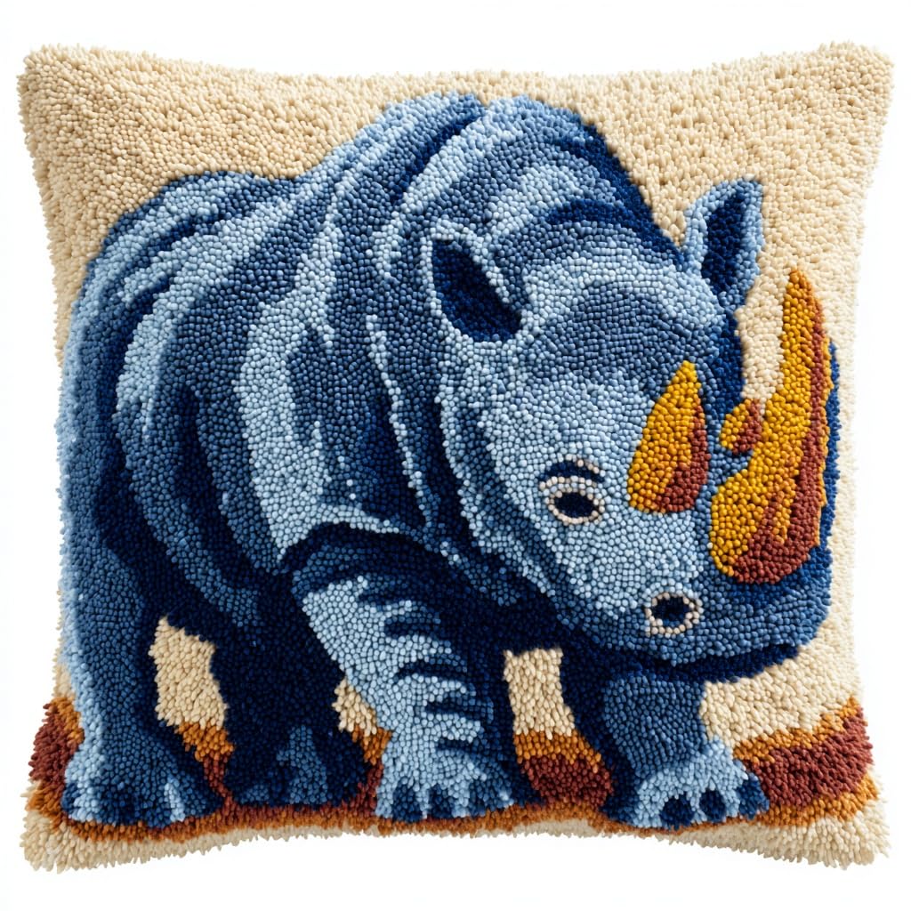 Henypt Latch Hook Kits-G Latch Hook Cushion Kits, Animal Rhinoceros Diy Latch Hook Kits Pillow Printed Cushion Embroidery Needlework Craft Embroidery Kit,17X17inch