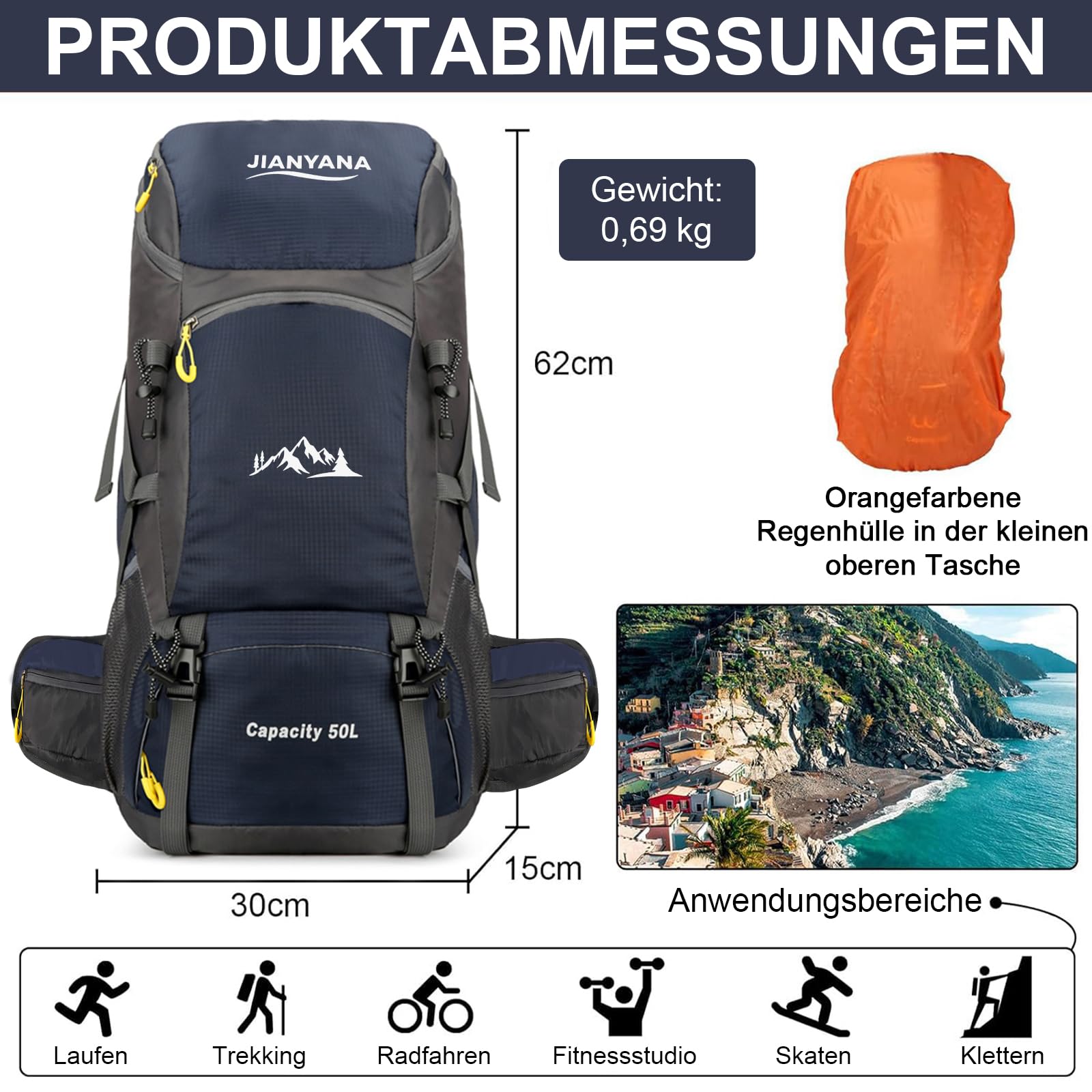 jianyana Wanderrucksack 50L Trekkingrucksack Regenhülle Reiserucksack Wasserdichter Campingrucksack für Wandern Camping Bergsteigen Reisen Sport Herren Damen