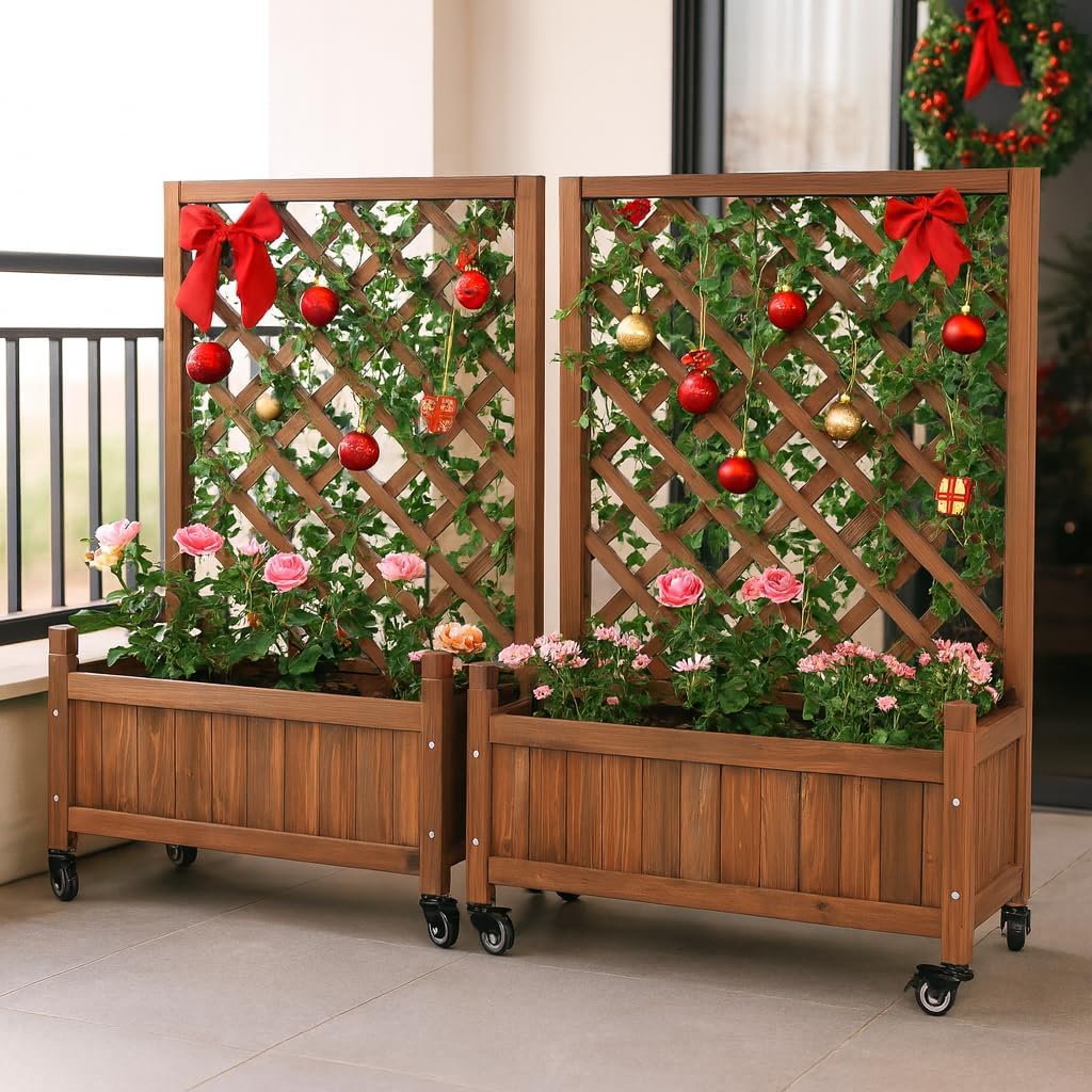 2 Pcs Wooden Planter Boxes with Trellis: Four Universal Wheels for Easy Mobility, 37.6" H x 27.5" W x 13" D,Perfect for Outdoor Climbing Plants on Patios, Balconies & Gardens