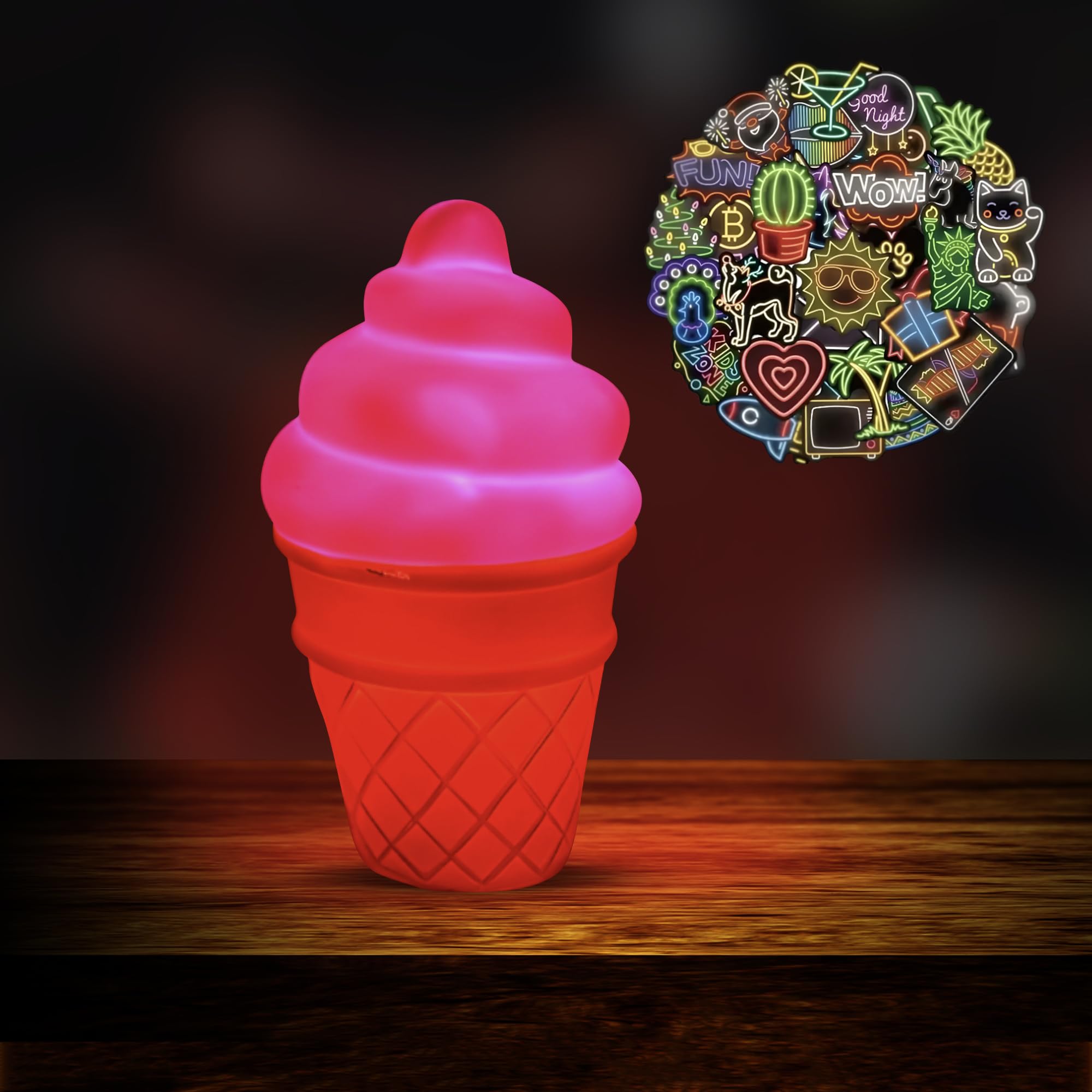 VisionThread Ice Cream Night Light + 80 Plus Neon Stickers | Kids Bedside Lamp | Battery Operated and Portable | Room Decor and Nursery | Cute Kawaii Gift for Boys Girls Children | Sensory Light
