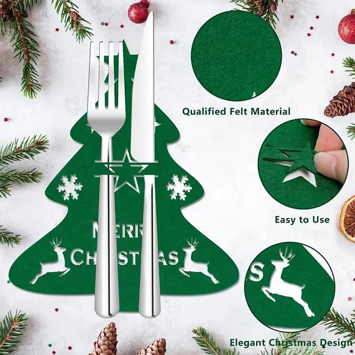 12 Pcs Christmas Tree Flatware Holder Xmas Tree Shaped Cutlery Holder Bags Knife Folk Holder Pockets Felt Silverware Tableware Cover Table Decoration for Christmas New Year Party Dinner Table Décor image 3